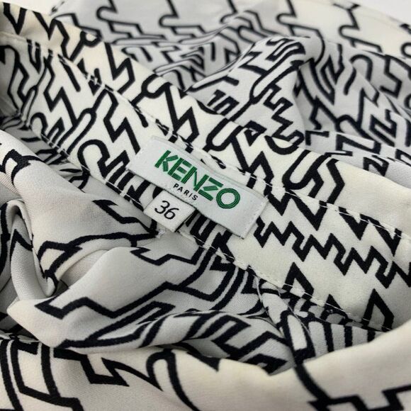 Kenzo Paris Silk Shirt Sz 36 XS Black White Geometric Print Open Long Sleeve - Picture 10 of 11